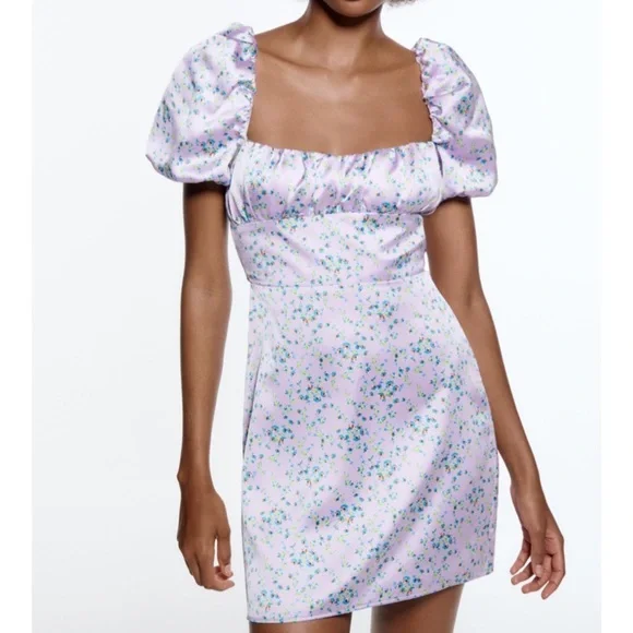 purple puff sleeve dress zara NWT_ ZARA WOMAN POLKA DOT PRINT MIDI DRESS PUFF-SLEEVES LAVENDER  8739/539_XS
